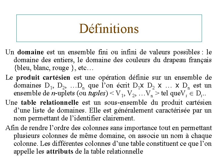 Définitions Un domaine est un ensemble fini ou infini de valeurs possibles : le