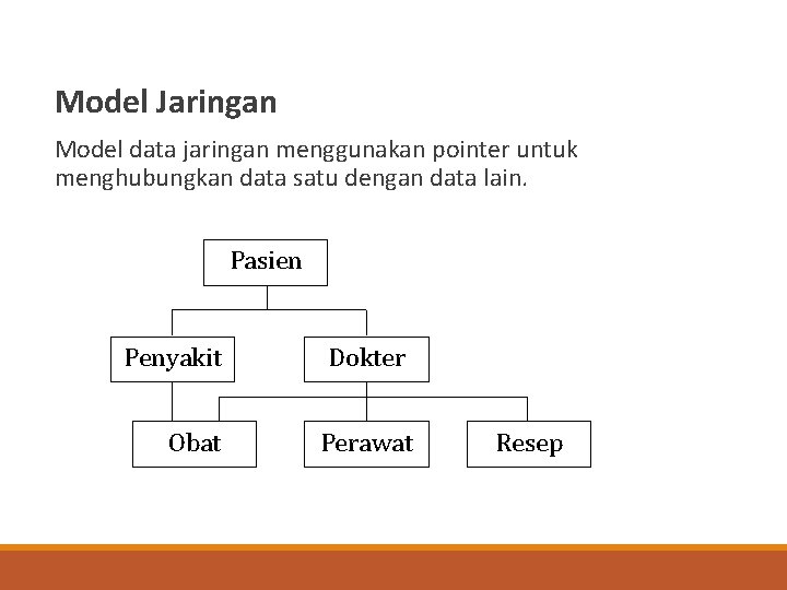 Model Jaringan Model data jaringan menggunakan pointer untuk menghubungkan data satu dengan data lain.