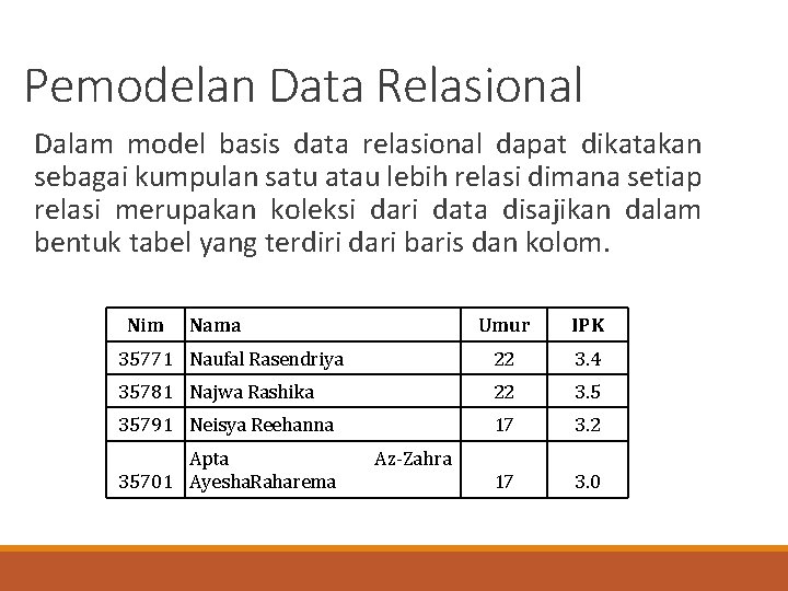 Pemodelan Data Relasional Dalam model basis data relasional dapat dikatakan sebagai kumpulan satu atau