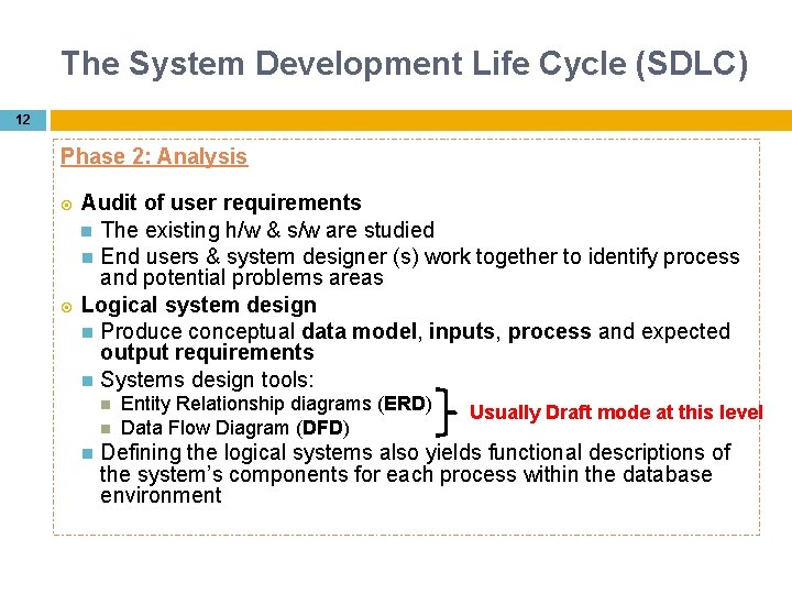 The System Development Life Cycle (SDLC) 12 Phase 2: Analysis Audit of user requirements