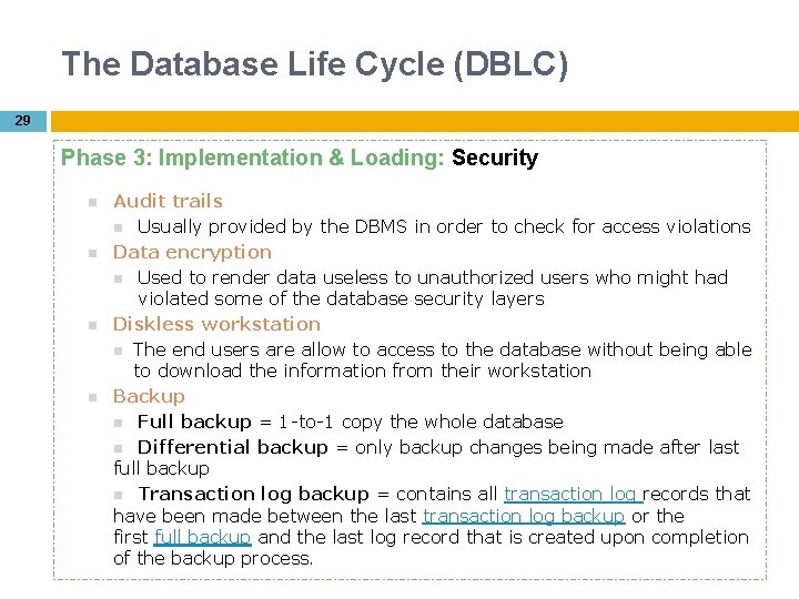 The Database Life Cycle (DBLC) 29 Phase 3: Implementation & Loading: Security Audit trails
