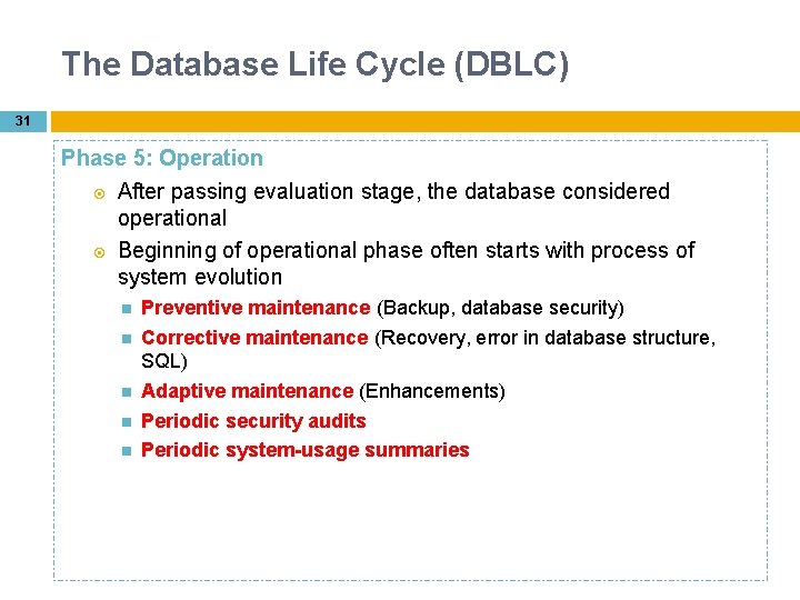 The Database Life Cycle (DBLC) 31 Phase 5: Operation After passing evaluation stage, the