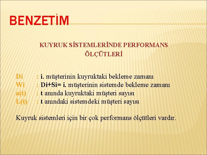 BENZETİM KUYRUK SİSTEMLERİNDE PERFORMANS ÖLÇÜTLERİ Di Wi a(t) L(t) : i. müşterinin kuyruktaki bekleme