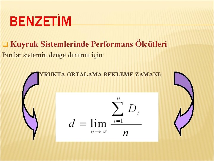 BENZETİM q Kuyruk Sistemlerinde Performans Ölçütleri Bunlar sistemin denge durumu için: KUYRUKTA ORTALAMA BEKLEME