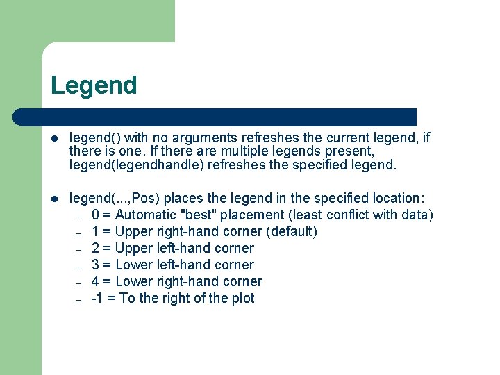Legend l legend() with no arguments refreshes the current legend, if there is one. Legend l legend() with no arguments refreshes the current legend, if there is one.