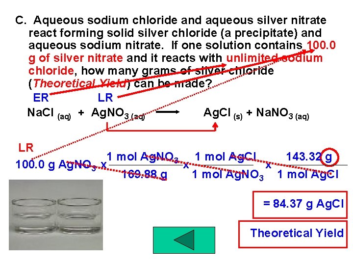 C. Aqueous sodium chloride and aqueous silver nitrate react forming solid silver chloride (a C. Aqueous sodium chloride and aqueous silver nitrate react forming solid silver chloride (a