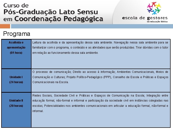 Programa Acolhida e Leitura da acolhida e da apresentação dessa sala ambiente. Navegação nessa