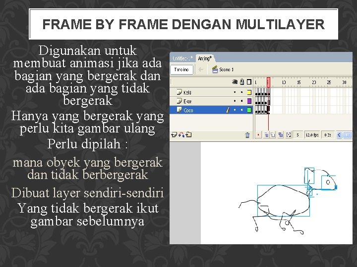 FRAME BY FRAME DENGAN MULTILAYER Digunakan untuk membuat animasi jika ada bagian yang bergerak