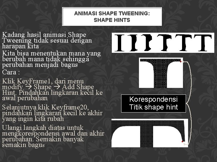 ANIMASI SHAPE TWEENING: SHAPE HINTS Kadang hasil animasi Shape Tweening tidak sesuai dengan harapan