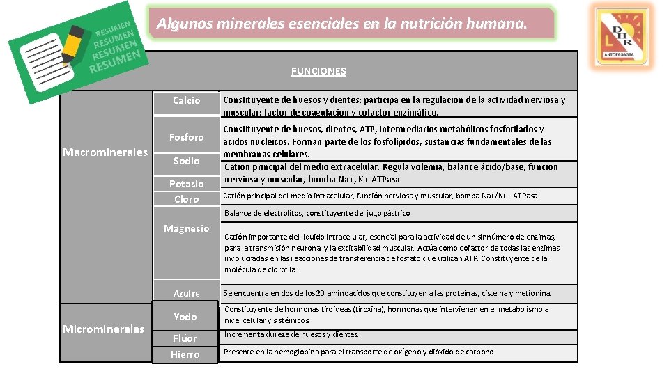 Algunos minerales esenciales en la nutrición humana. FUNCIONES Calcio Fosforo Macrominerales Sodio Potasio Cloro