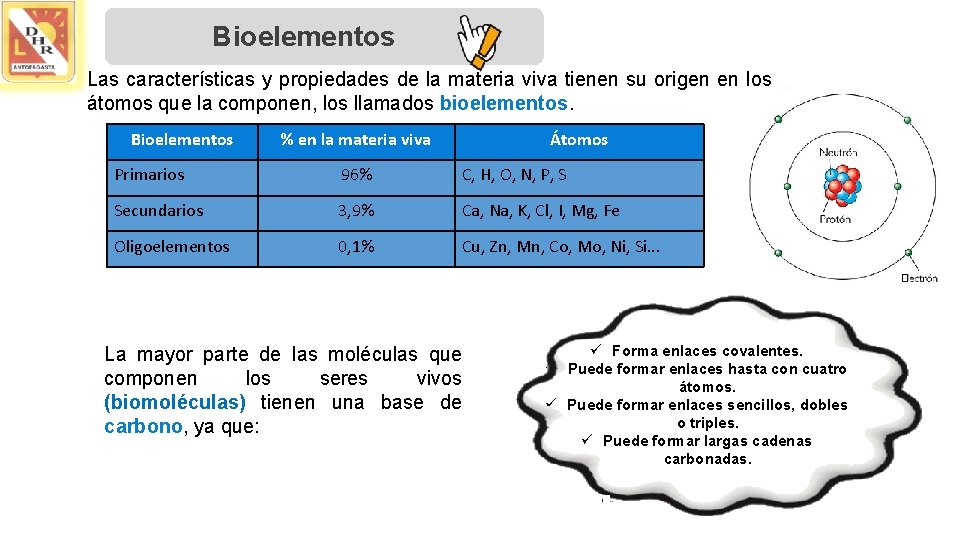 Bioelementos Las características y propiedades de la materia viva tienen su origen en los