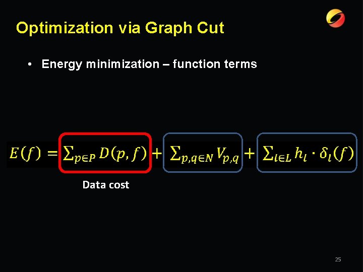 Optimization via Graph Cut • Energy minimization – function terms Data cost 25 