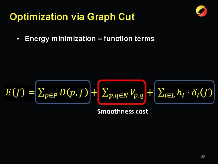 Optimization via Graph Cut • Energy minimization – function terms Smoothness cost 30 