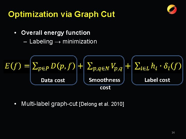 Optimization via Graph Cut • Overall energy function – Labeling → minimization Data cost
