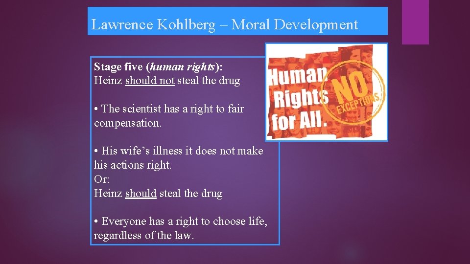 Lawrence Kohlberg – Moral Development Stage five (human rights): Heinz should not steal the
