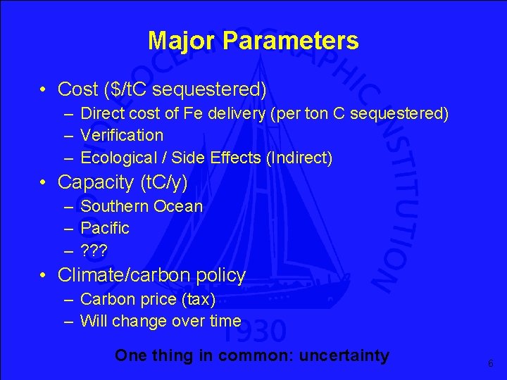 Major Parameters • Cost ($/t. C sequestered) – Direct cost of Fe delivery (per