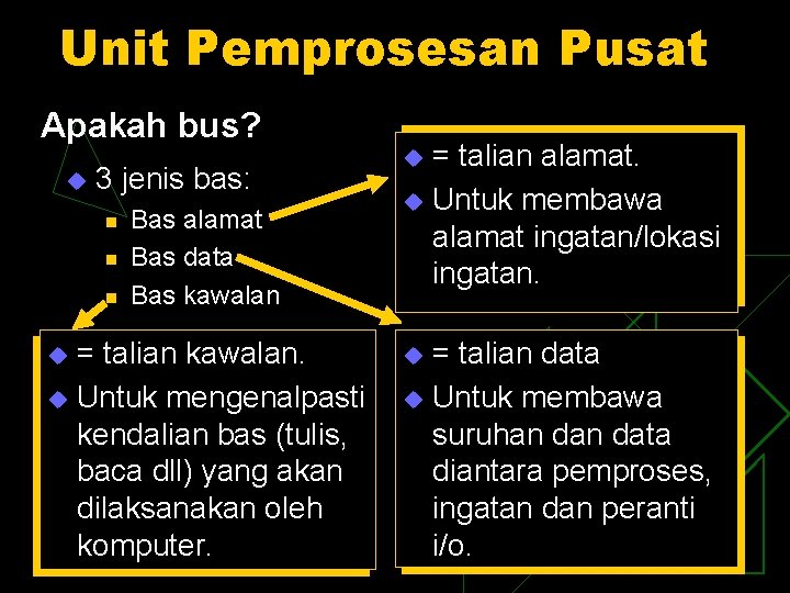 Unit Pemprosesan Pusat Apakah bus? u 3 jenis bas: n n n Bas alamat