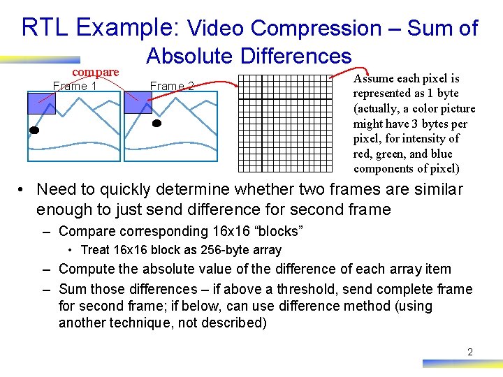RTL Example: Video Compression – Sum of compare Frame 1 Absolute Differences Frame 2