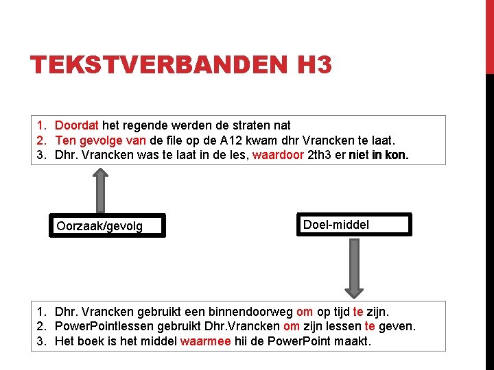 TEKSTVERBANDEN H 3 1. Doordat het regende werden de straten nat 2. Ten gevolge