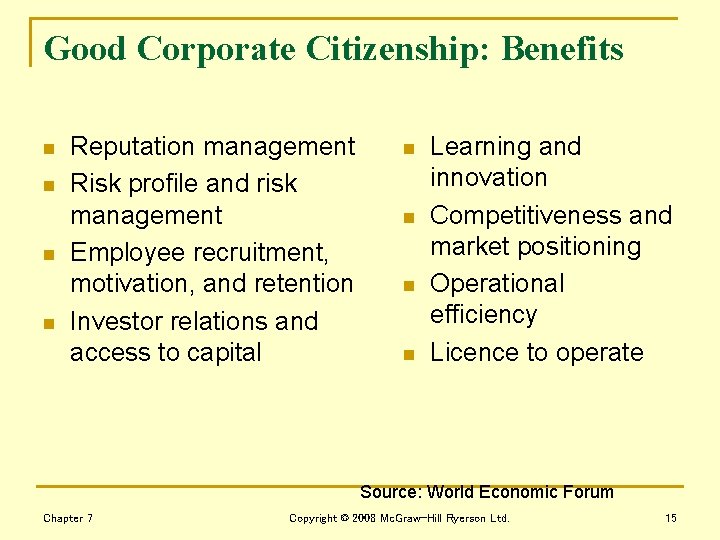 Good Corporate Citizenship: Benefits n n Reputation management Risk profile and risk management Employee