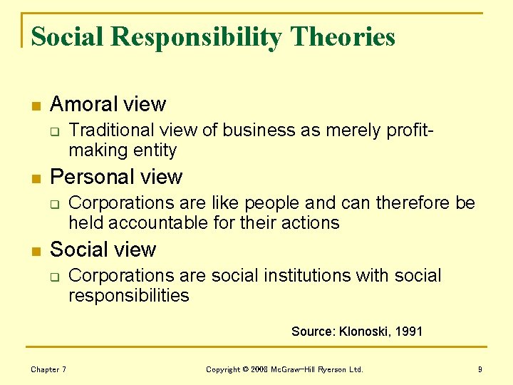 Social Responsibility Theories n Amoral view q n Personal view q n Traditional view