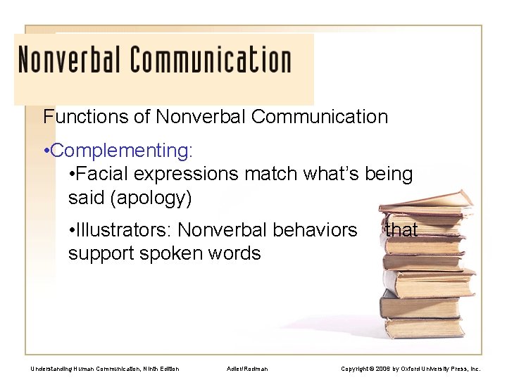 Functions of Nonverbal Communication • Complementing: • Facial expressions match what’s being said (apology)