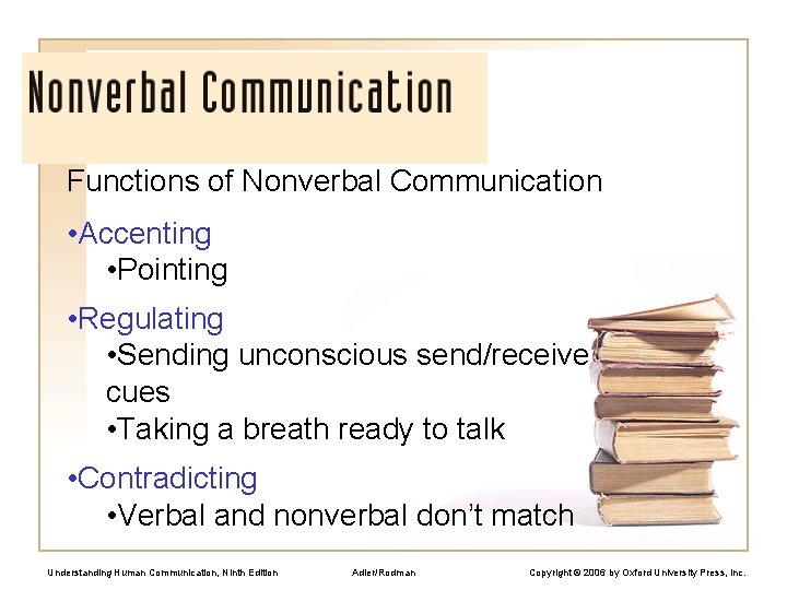 Functions of Nonverbal Communication • Accenting • Pointing • Regulating • Sending unconscious send/receive