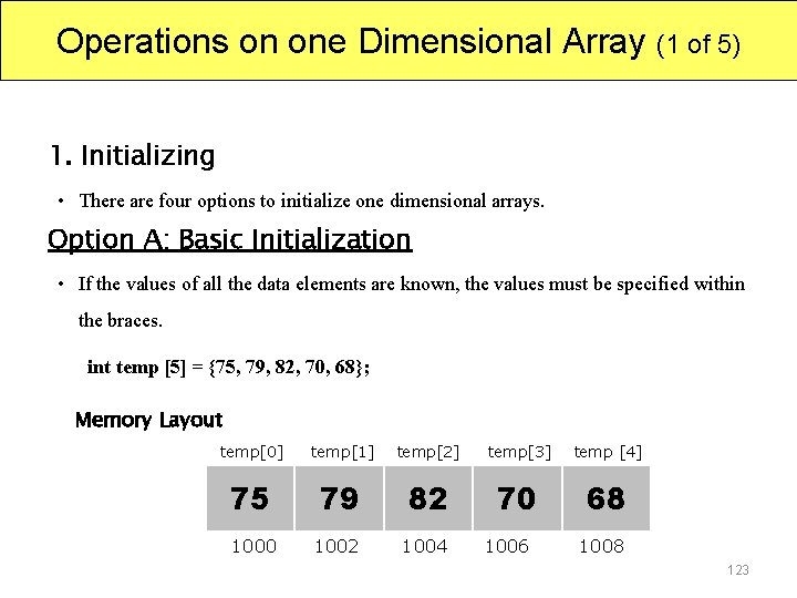Operations on one Dimensional Array (1 of 5) 1. Initializing • There are four