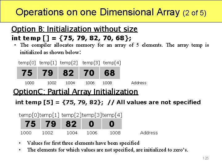 Operations on one Dimensional Array (2 of 5) Option B: Initialization without size int