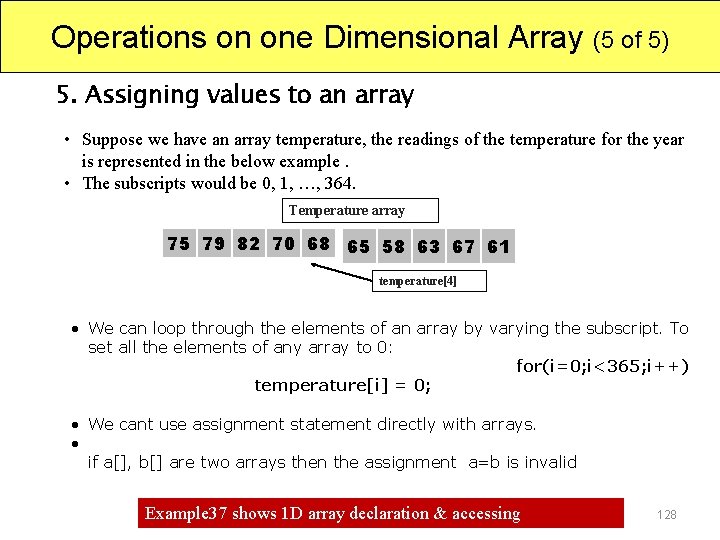 Operations on one Dimensional Array (5 of 5) 5. Assigning values to an array