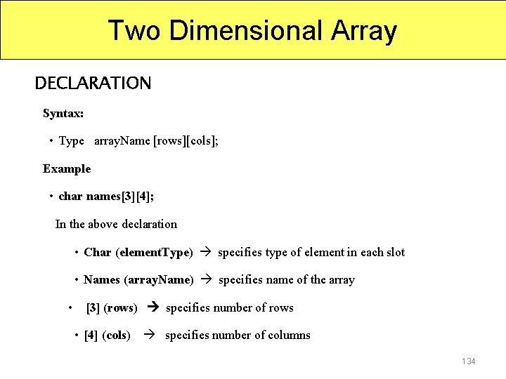 Two Dimensional Array DECLARATION Syntax: • Type array. Name [rows][cols]; Example • char names[3][4];