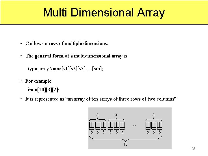 Multi Dimensional Array • C allows arrays of multiple dimensions. • The general form