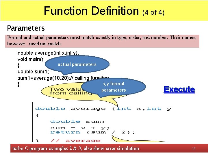 Function Definition (4 of 4) Parameters Formal and actual parameters must match exactly in