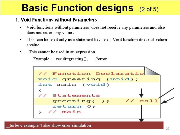 Basic Function designs (2 of 5) 1. Void Functions without Parameters • Void functions