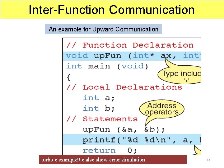 Inter-Function Communication An example for Upward Communication turbo c example 9. c also show