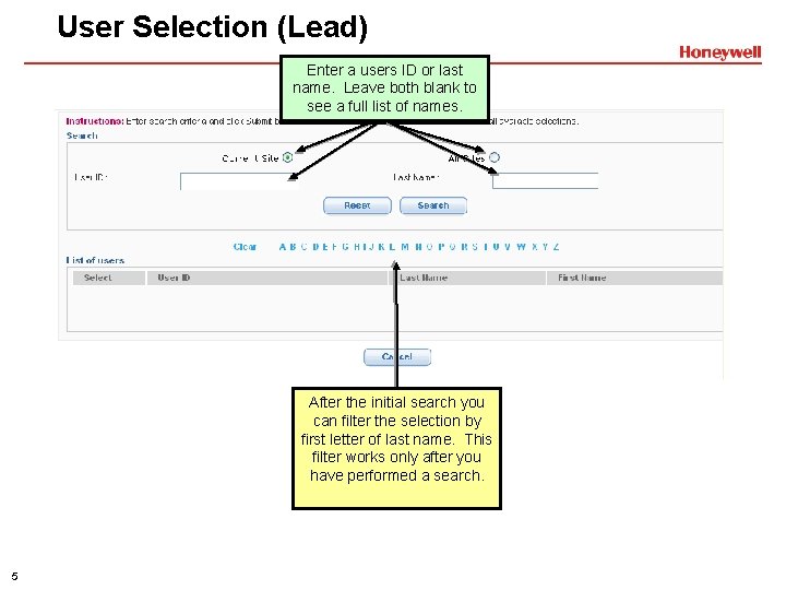User Selection (Lead) Select All Site to. ID search Enter a Current users or