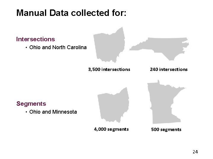 Manual Data collected for: Intersections • Ohio and North Carolina 3, 500 intersections 240