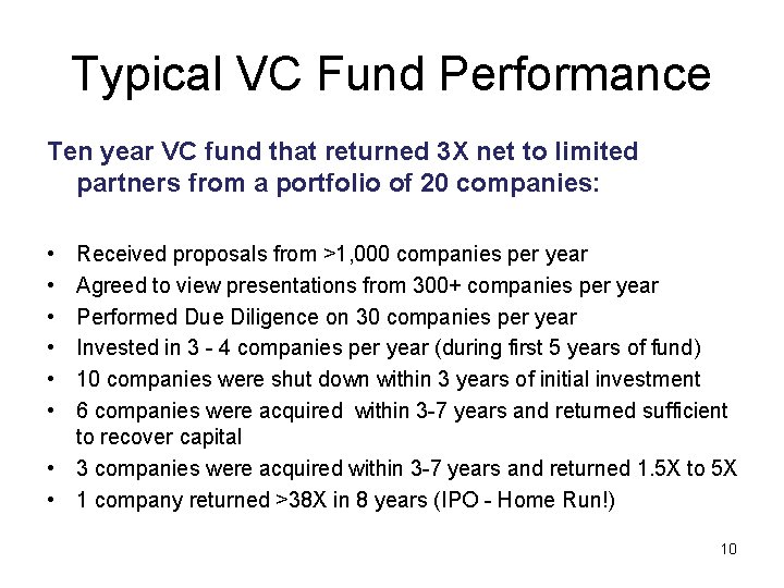 Typical VC Fund Performance Ten year VC fund that returned 3 X net to