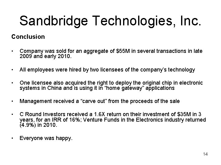 Sandbridge Technologies, Inc. Conclusion • Company was sold for an aggregate of $55 M