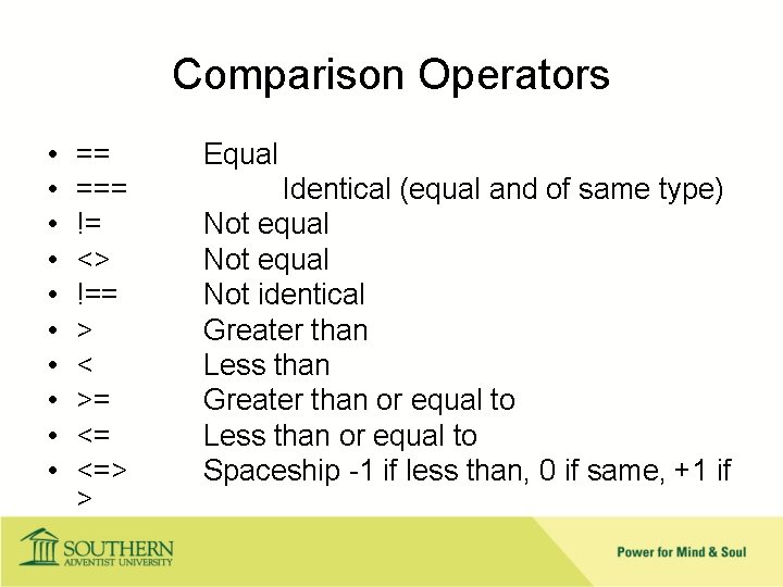 Comparison Operators • • • == === != <> !== > < >= <=