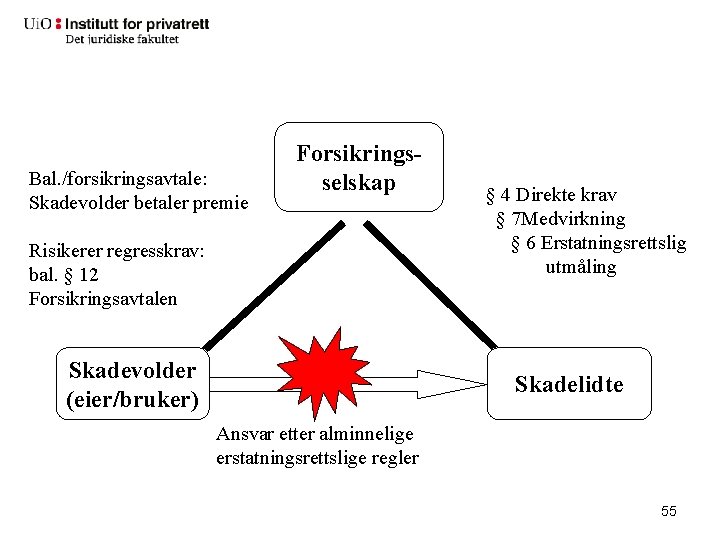 Bal. /forsikringsavtale: Skadevolder betaler premie Forsikringsselskap Risikerer regresskrav: bal. § 12 Forsikringsavtalen Skadevolder (eier/bruker)