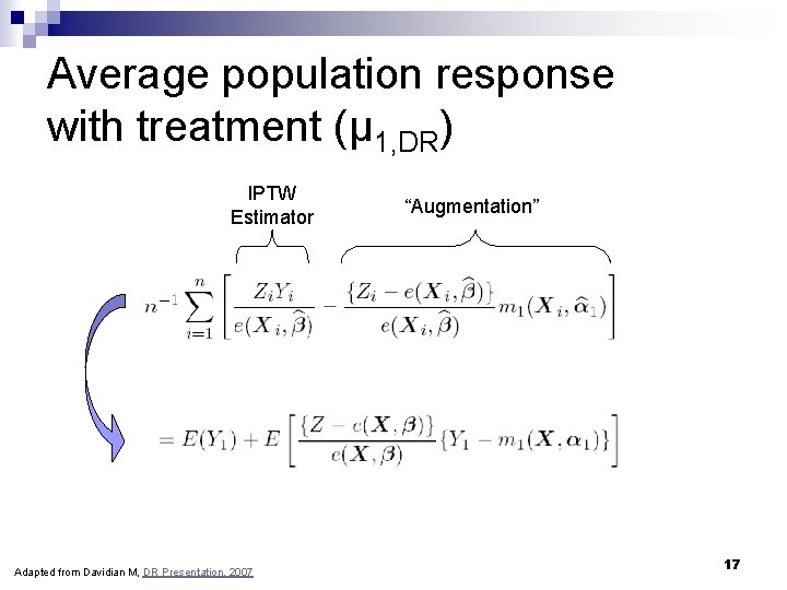 Average population response with treatment (μ 1, DR) IPTW Estimator Adapted from Davidian M, Average population response with treatment (μ 1, DR) IPTW Estimator Adapted from Davidian M,
