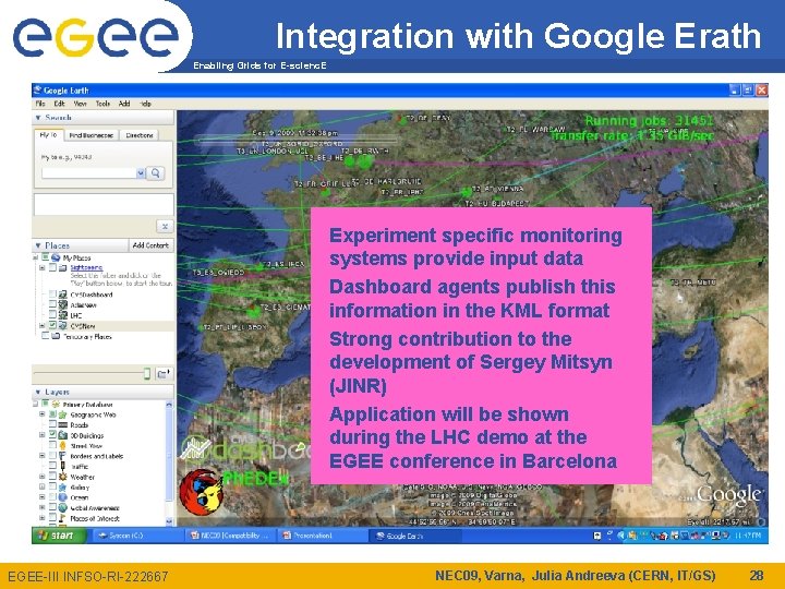 Integration with Google Erath Enabling Grids for E-scienc. E Experiment specific monitoring systems provide