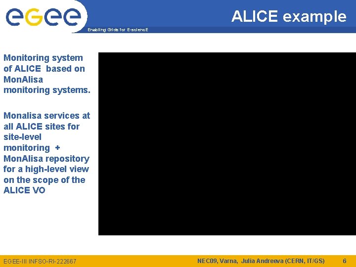 ALICE example Enabling Grids for E-scienc. E Monitoring system of ALICE based on Mon.