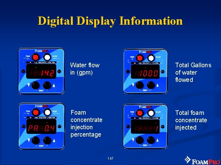 Digital Display Information Water flow in (gpm) Total Gallons of water flowed Foam concentrate