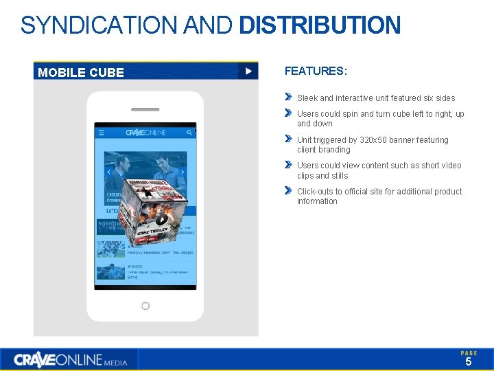 SYNDICATION AND DISTRIBUTION MOBILE CUBE FEATURES: Sleek and interactive unit featured six sides Users