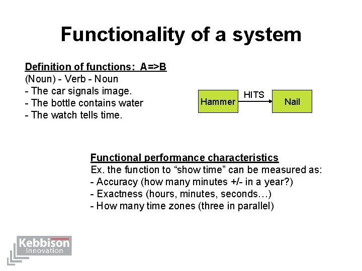 Functionality of a system Definition of functions: A=>B (Noun) - Verb - Noun -
