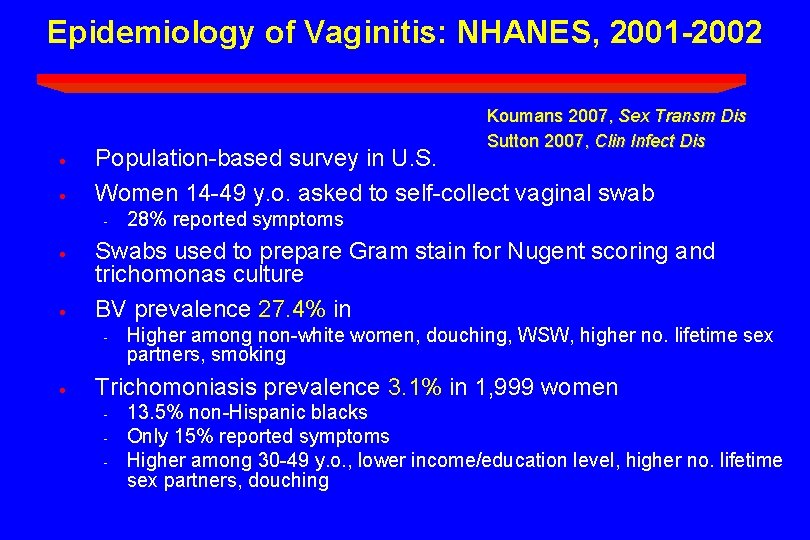 Epidemiology of Vaginitis: NHANES, 2001 -2002 · · Koumans 2007, Sex Transm Dis Sutton
