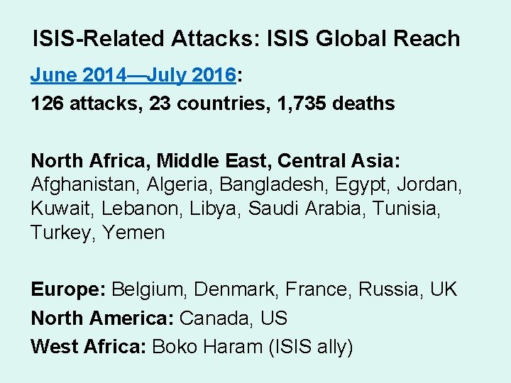 ISIS-Related Attacks: ISIS Global Reach June 2014—July 2016: 126 attacks, 23 countries, 1, 735