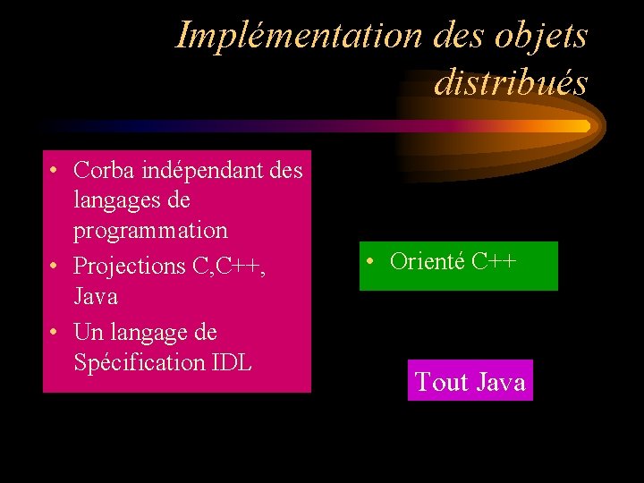 Implémentation des objets distribués • Corba indépendant des langages de programmation • Projections C,